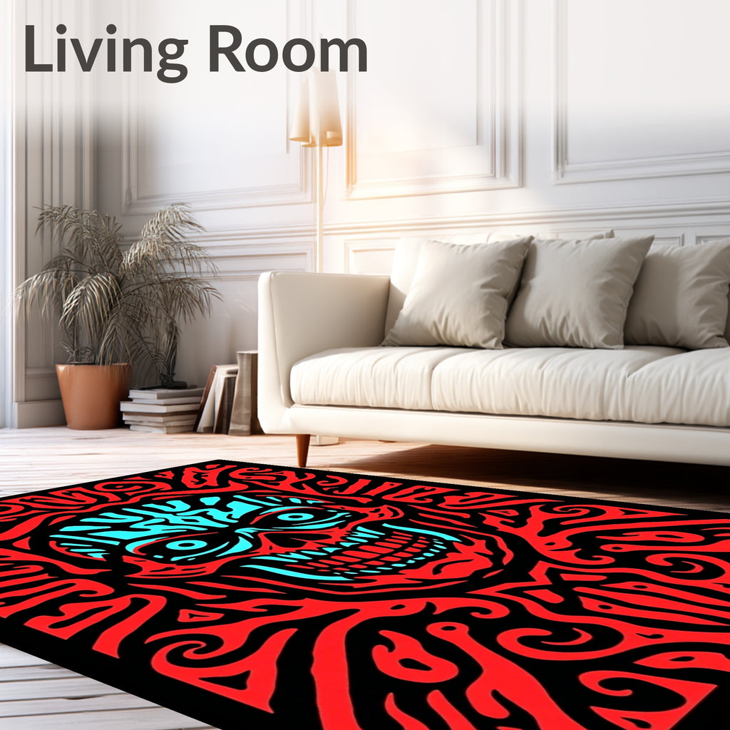 Fiery Red Cyan Skull Swirls Rug