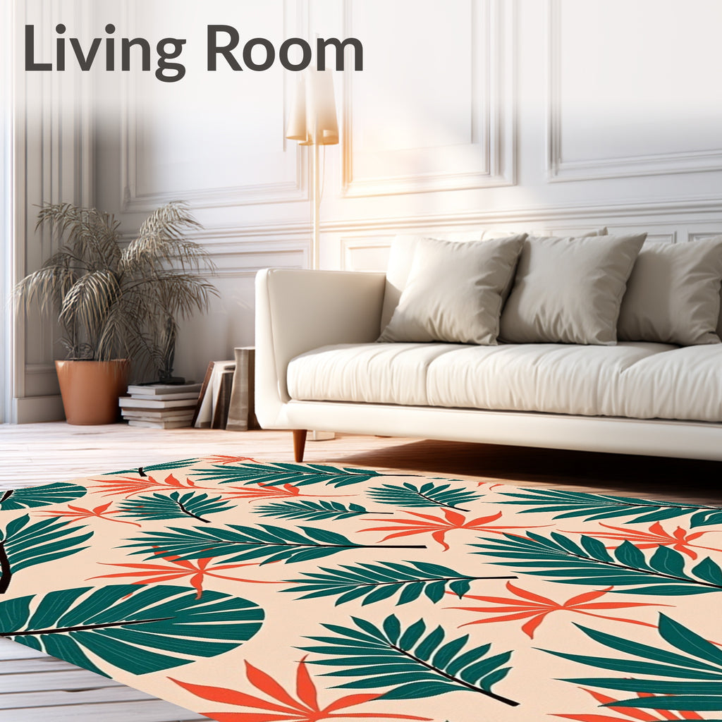 Tropical Leaf Coral Green Background Rug