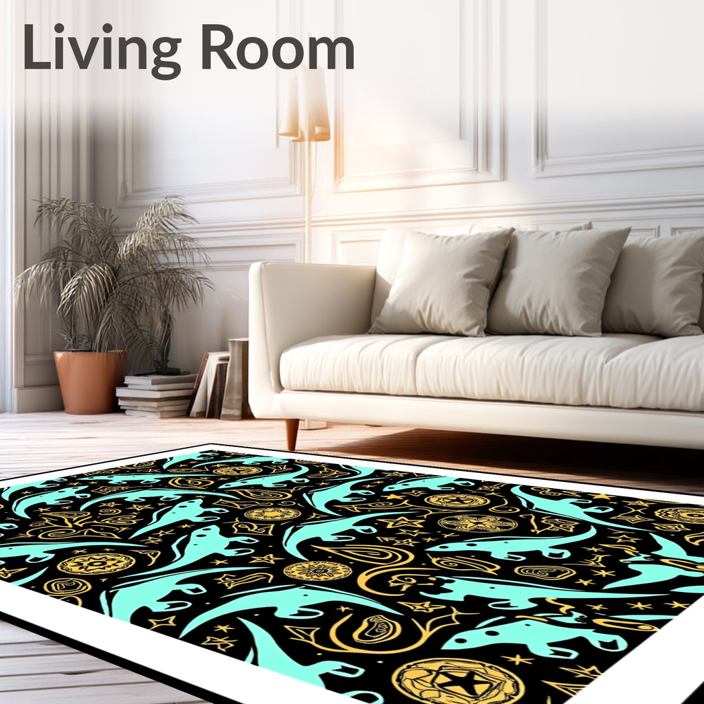 Teal Dinosaur Whimsical Yellow Ornate Rug