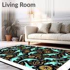 Teal Dinosaur Whimsical Yellow Ornate Rug