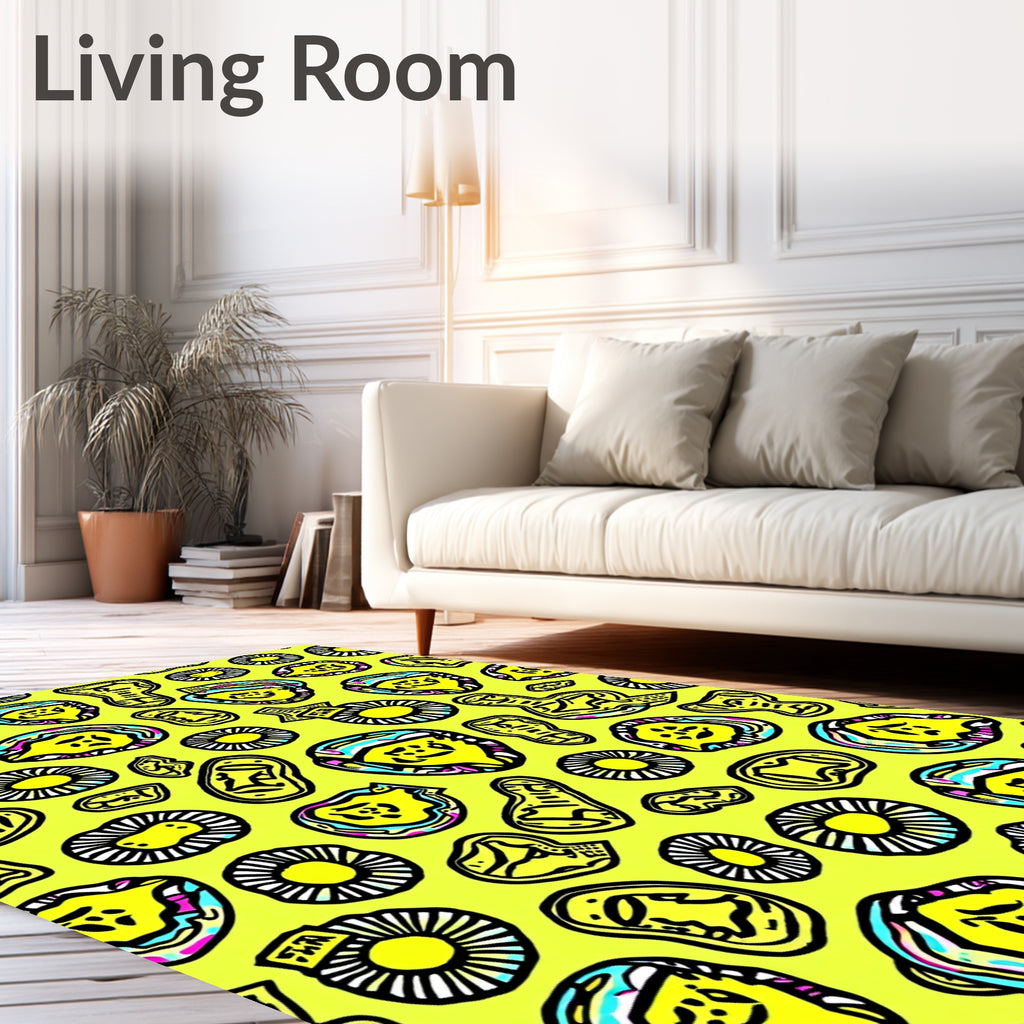 Whimsical Yellow Abstract Faces Rug