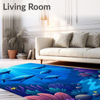 Blue Sharks Underwater Sunbeam Ocean Scene Rug