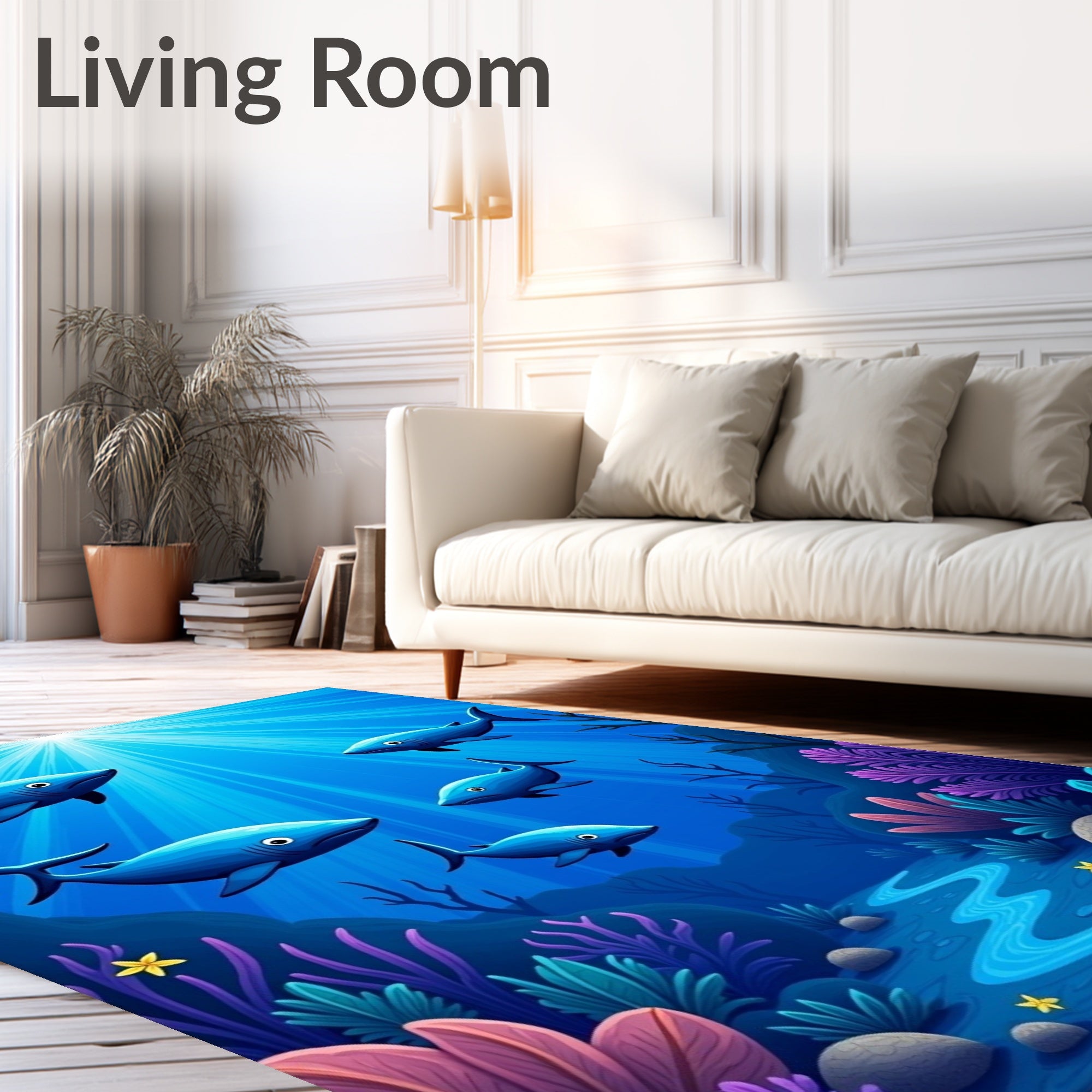 Blue Sharks Underwater Sunbeam Ocean Scene Rug