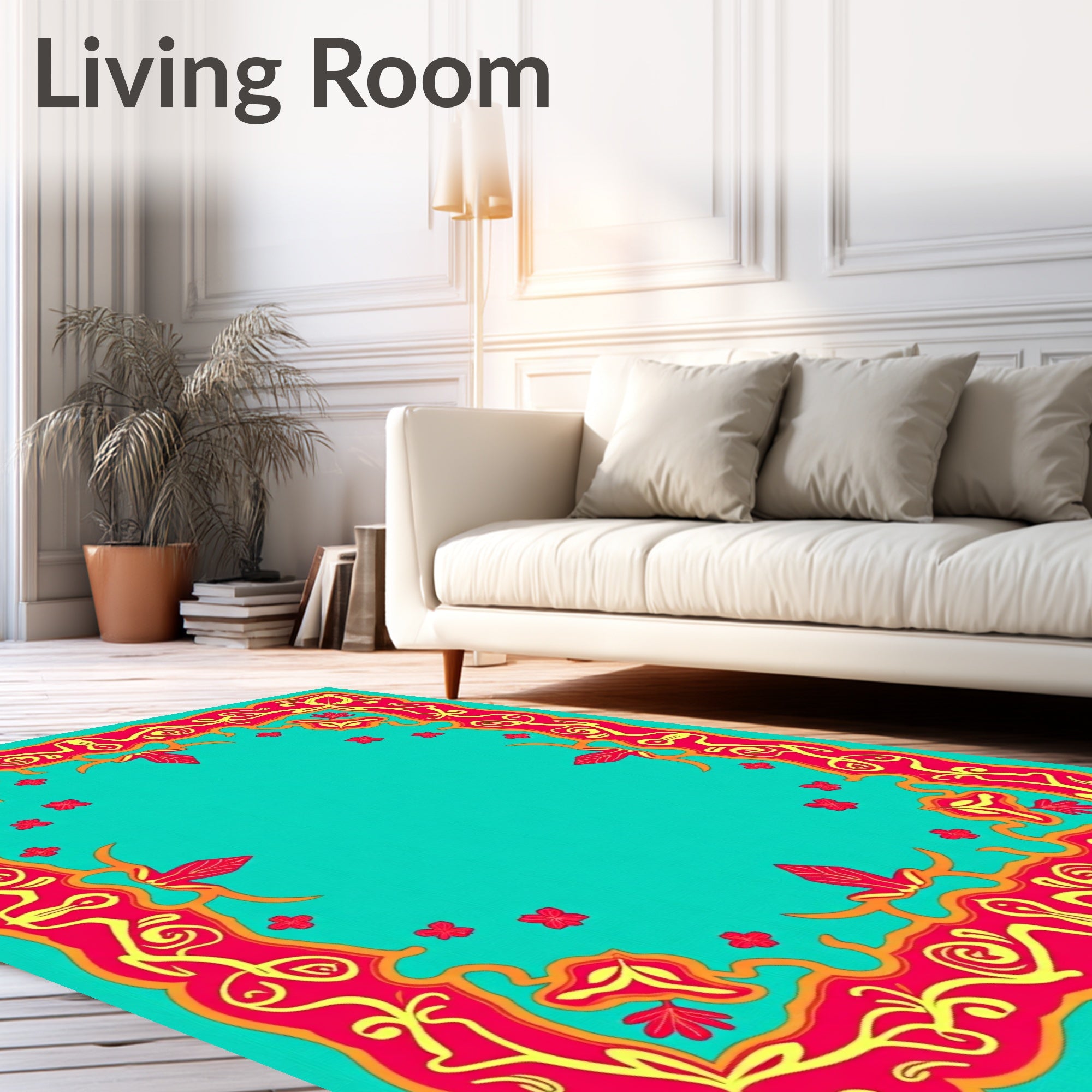 Ornate Crimson Yellow Floral Border Rug