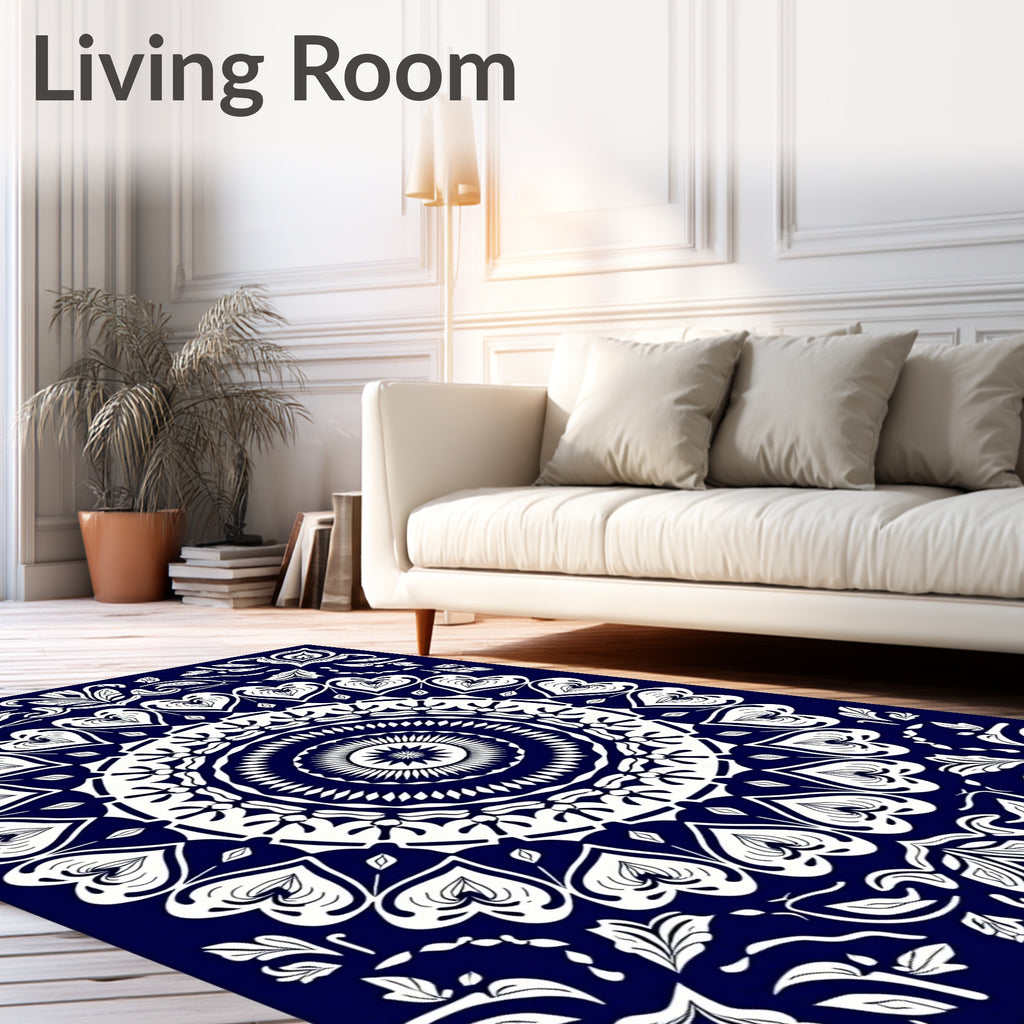 Navy White Heart Mandala Garden Rug