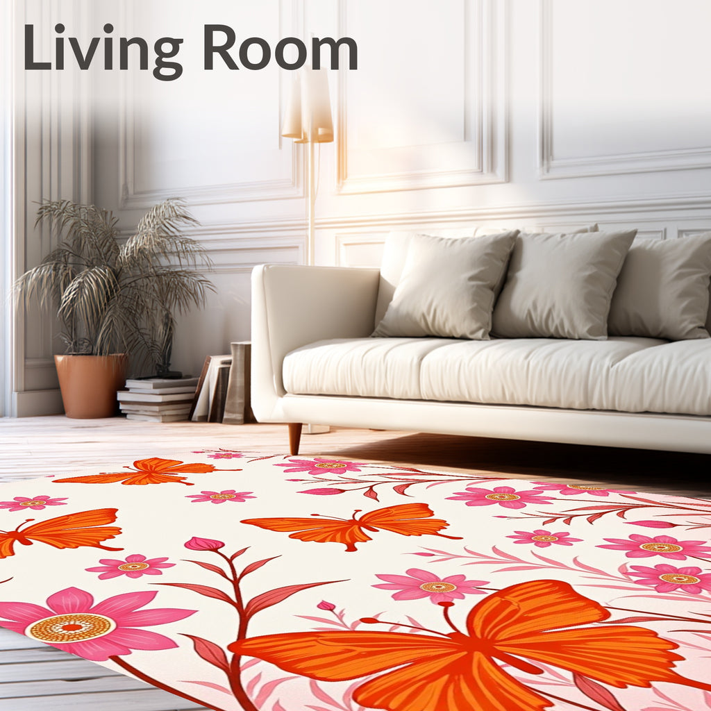Orange Butterflies Pink Bloom Meadow Rug