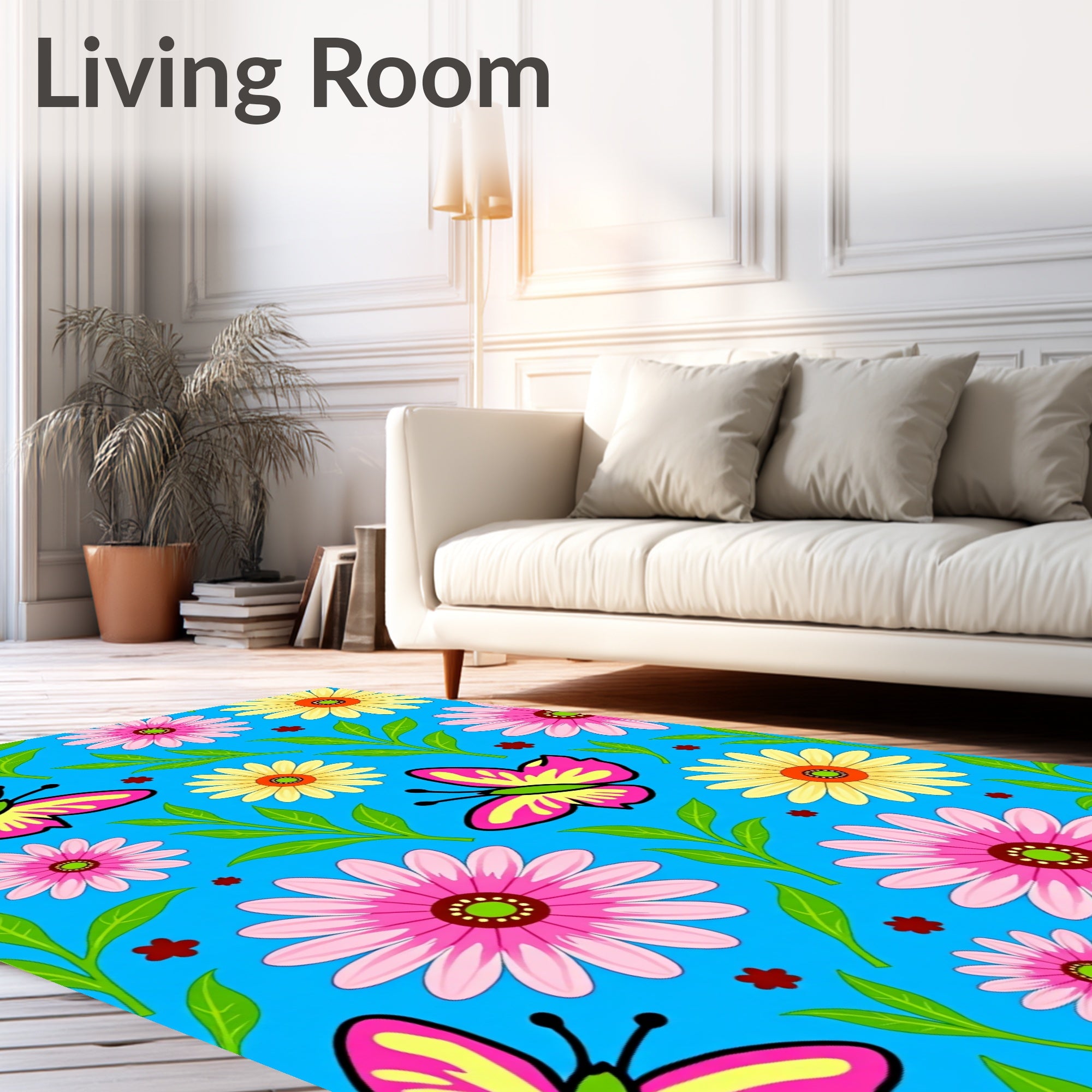 Pink Yellow Butterfly Daisy Garden Rug