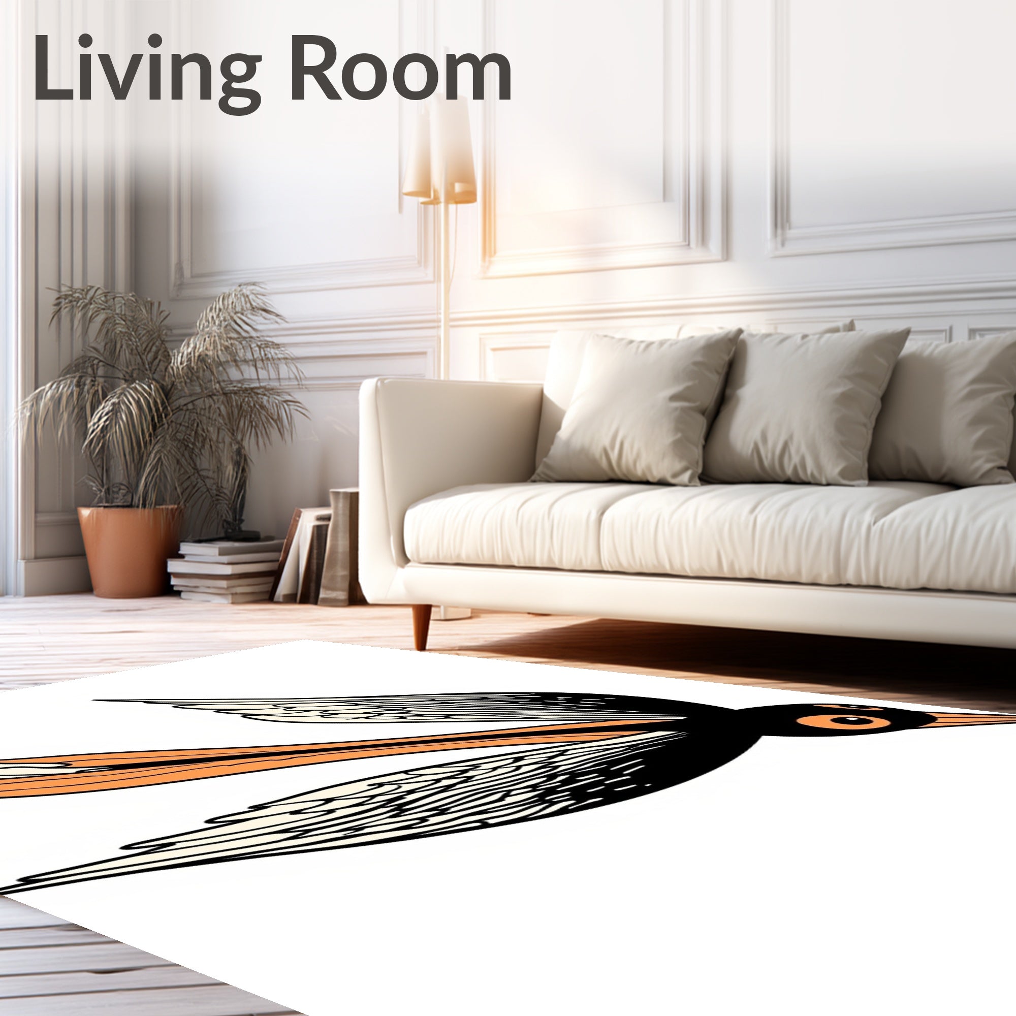 Whimsical Black Orange Bird Flying Whimsically Rug