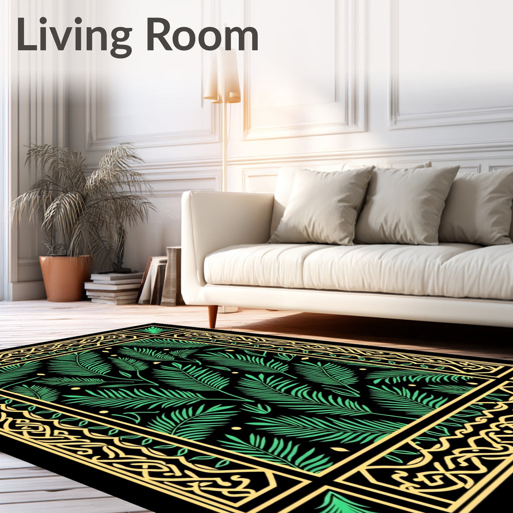 Green Palm Frond Black Garden Border Rug