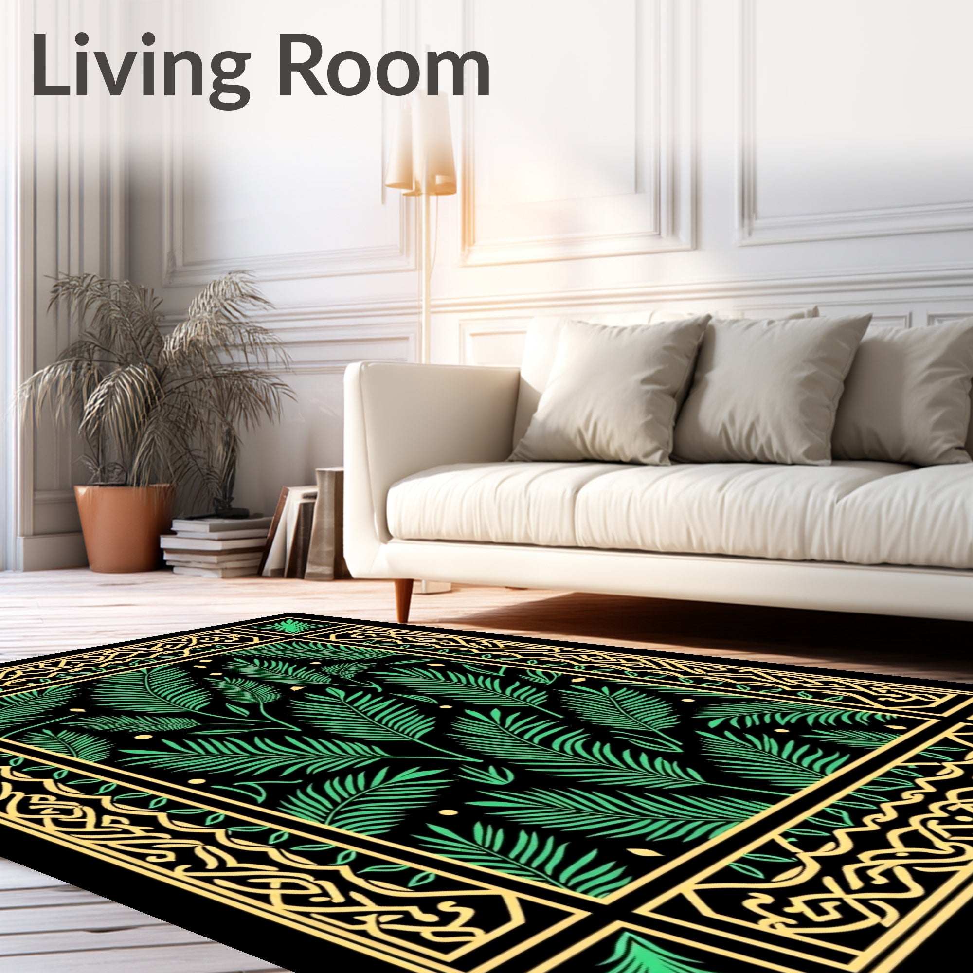 Green Palm Frond Black Garden Border Rug
