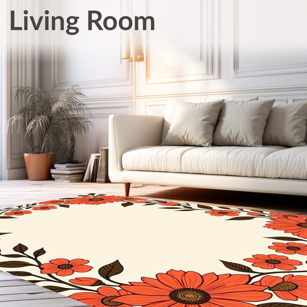 Vibrant Coral Floral Border Rug