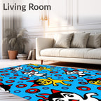 Playful Cartoon Characters Blue Backdrop Rug