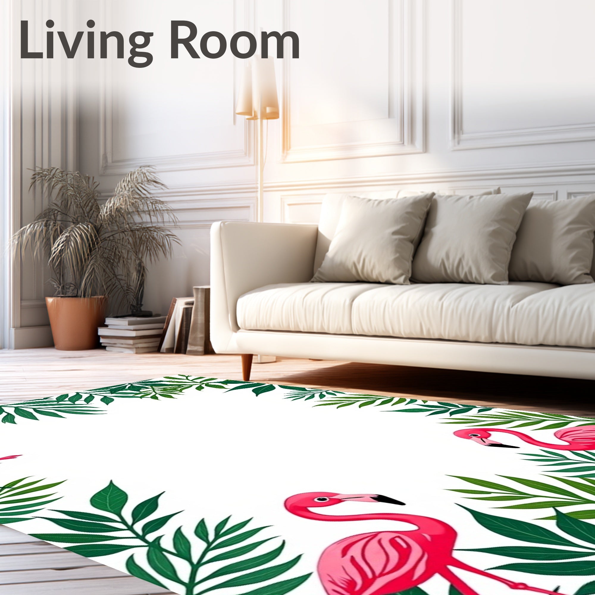 Pink Flamingos with Green Tropical Leaves Rug