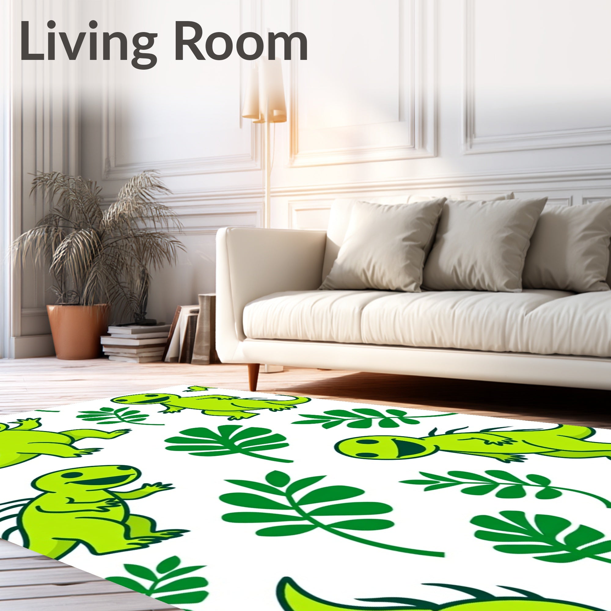 Happy Green Dinosaurs and Leaves Rug