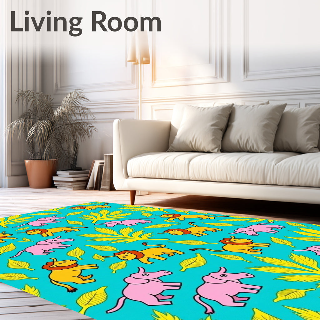 Whimsical Elephants Lions Teal Foliage Rug