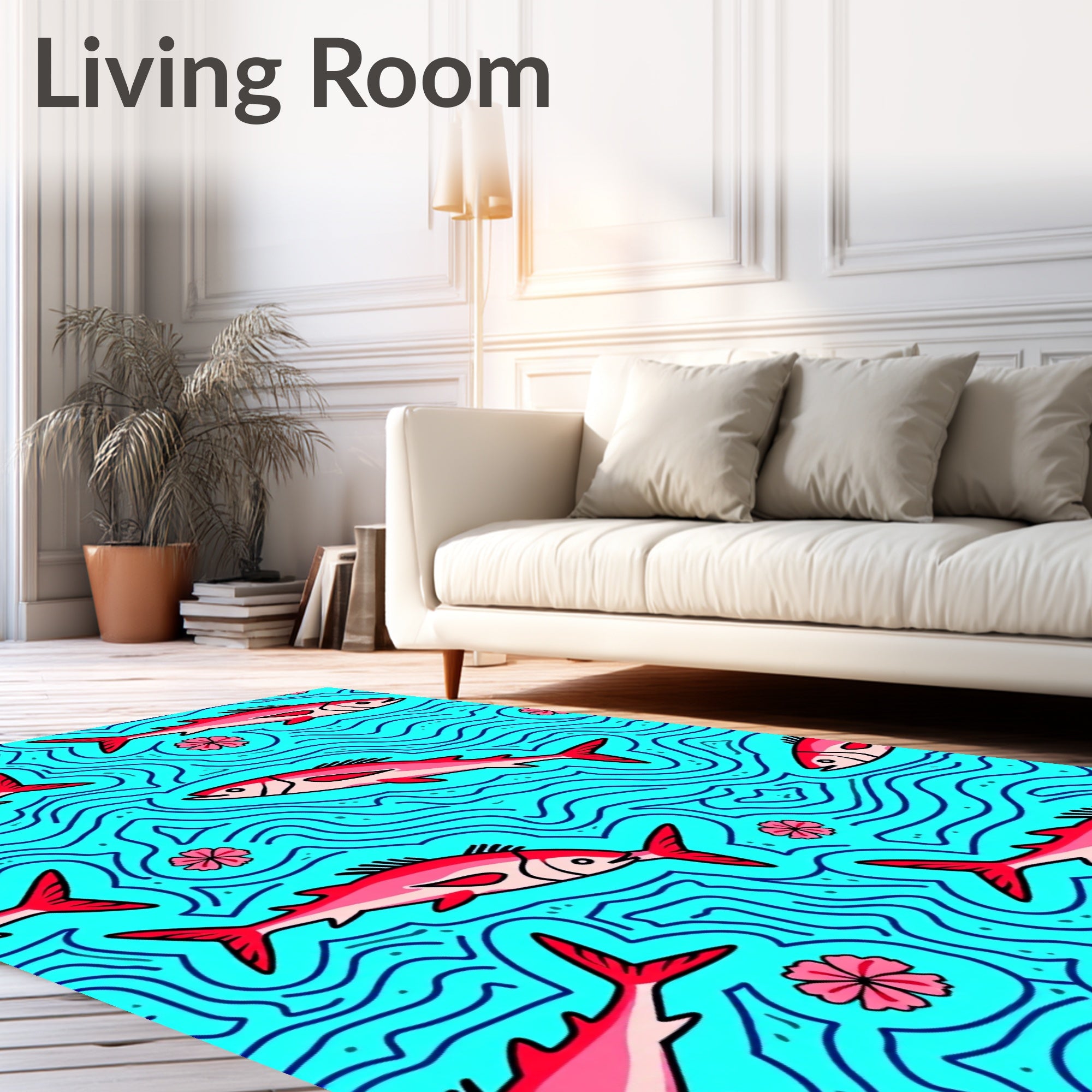 Whimsical Red Fish Blue Water Rug