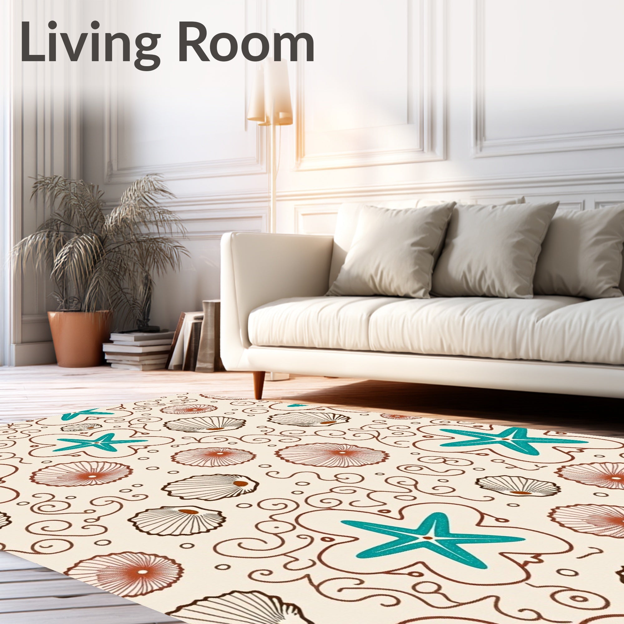 Coastal Teal Starfish Shell Scallop Swirls Rug
