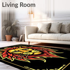 Fiery Lion Head Black Gold Frame Rug