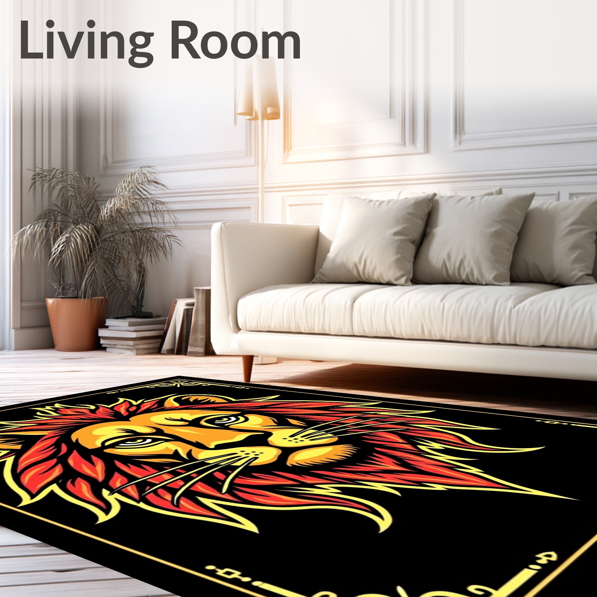 Fiery Lion Head Black Gold Frame Rug