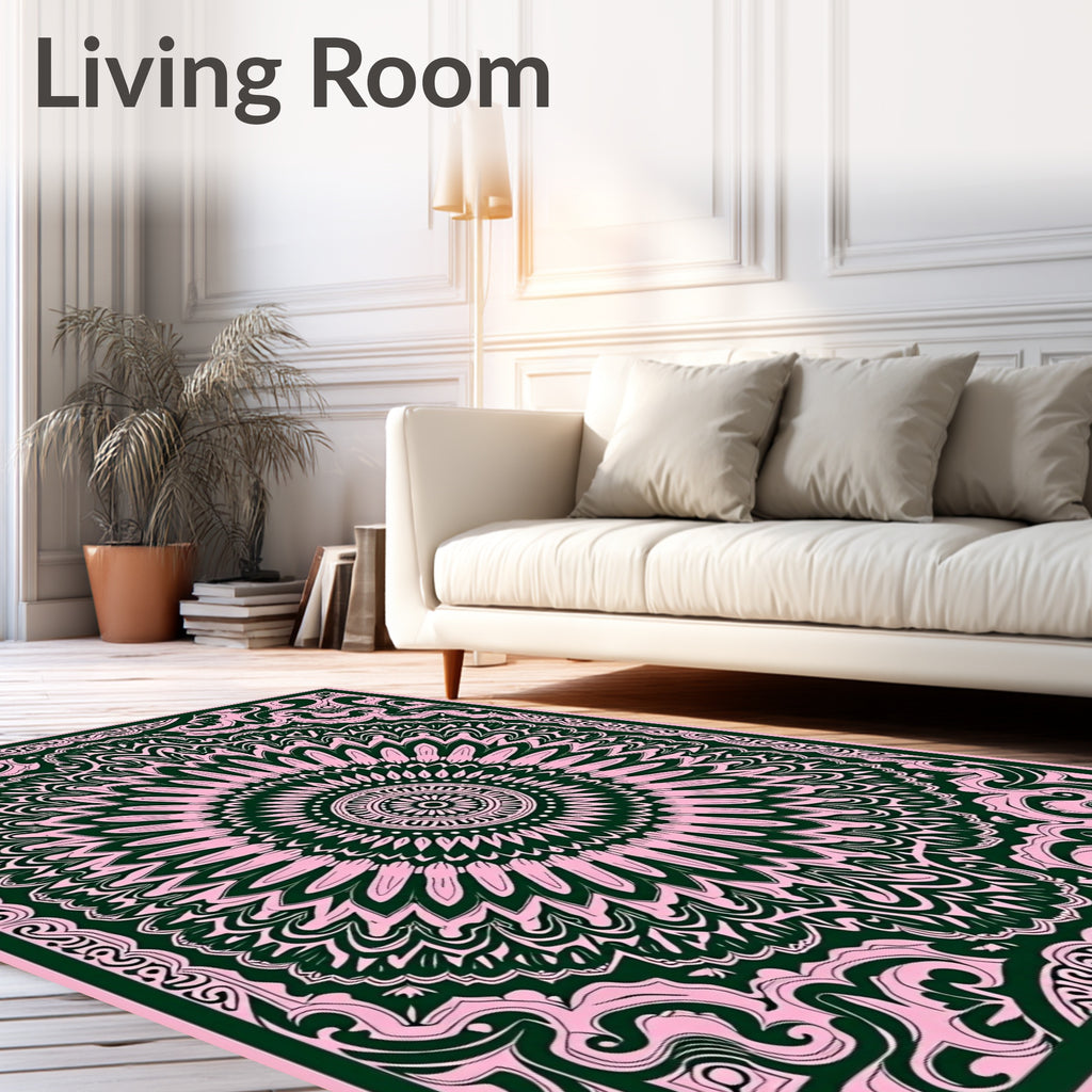 Pink and Forest Green Mandala Medallion Rug