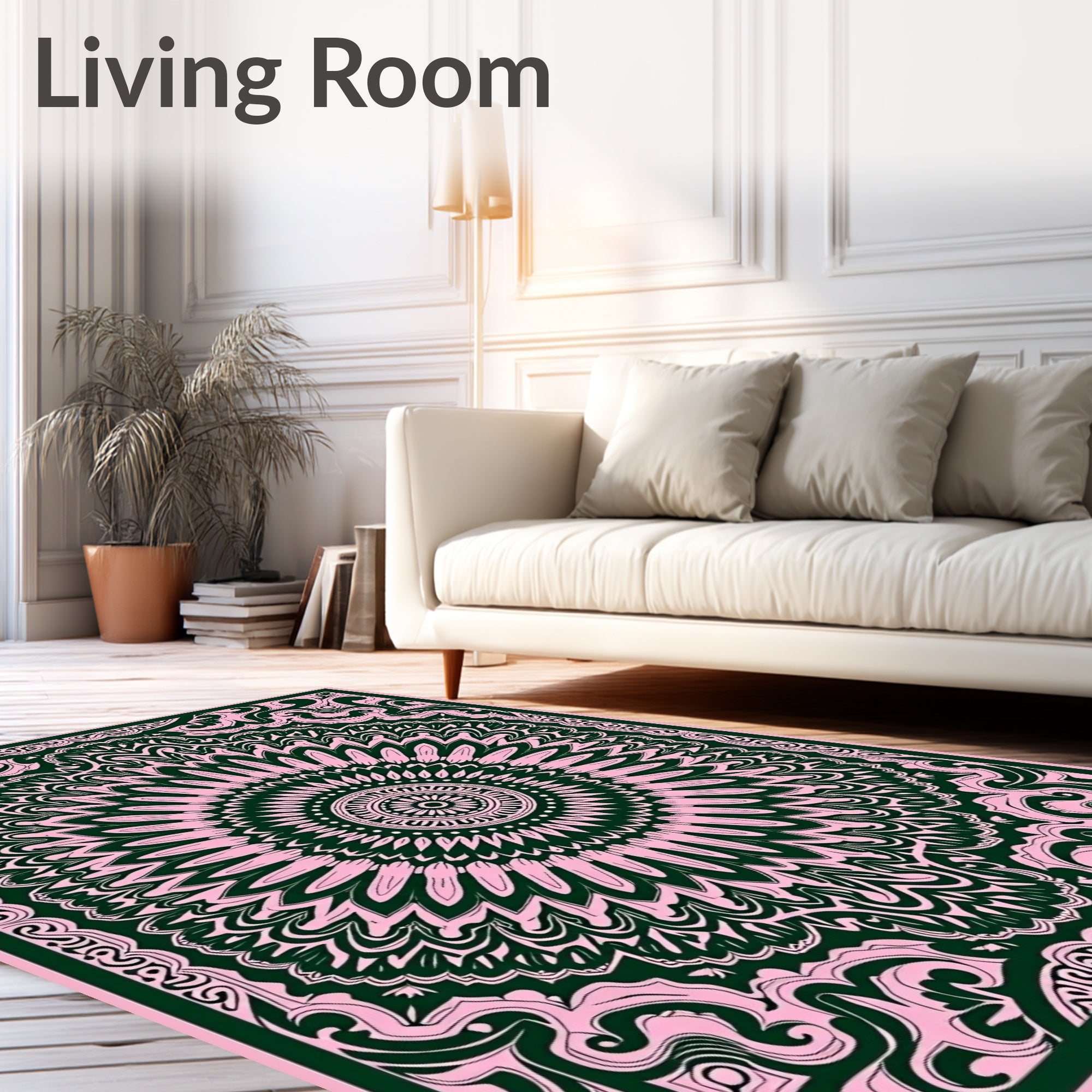 Pink and Forest Green Mandala Medallion Rug