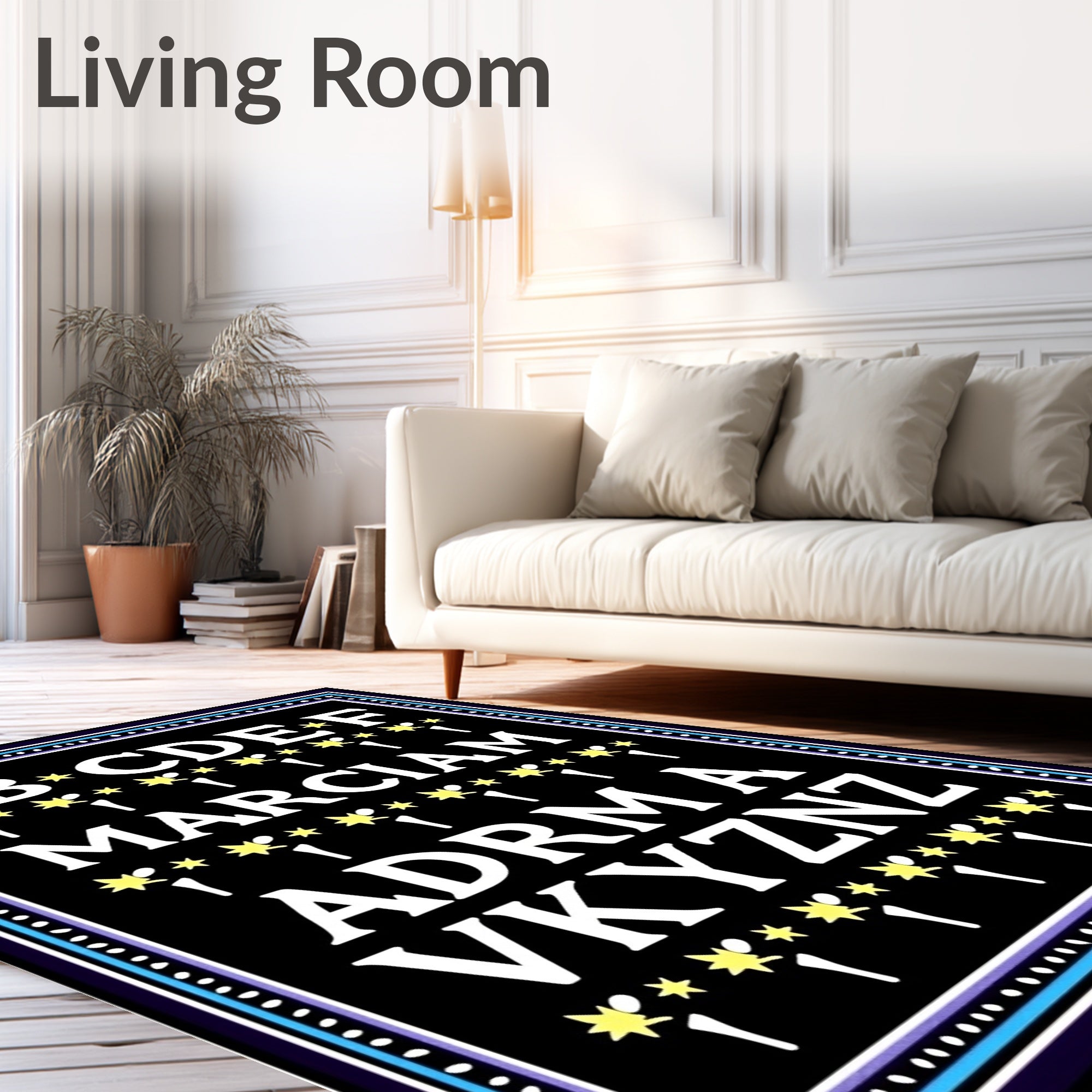 Alphabet Border Black Starburst Rug