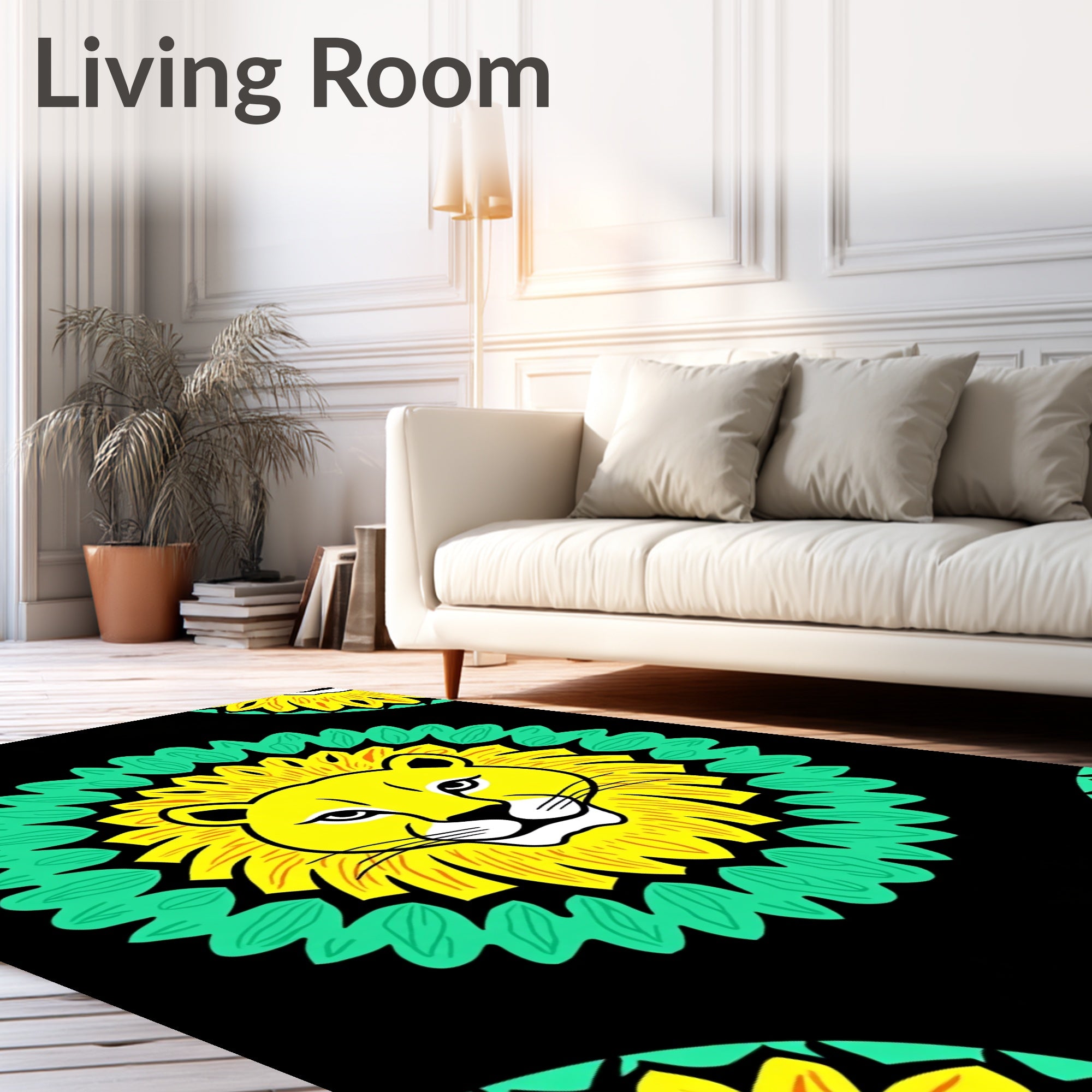 Bold Yellow Lion Black Medallion Rug