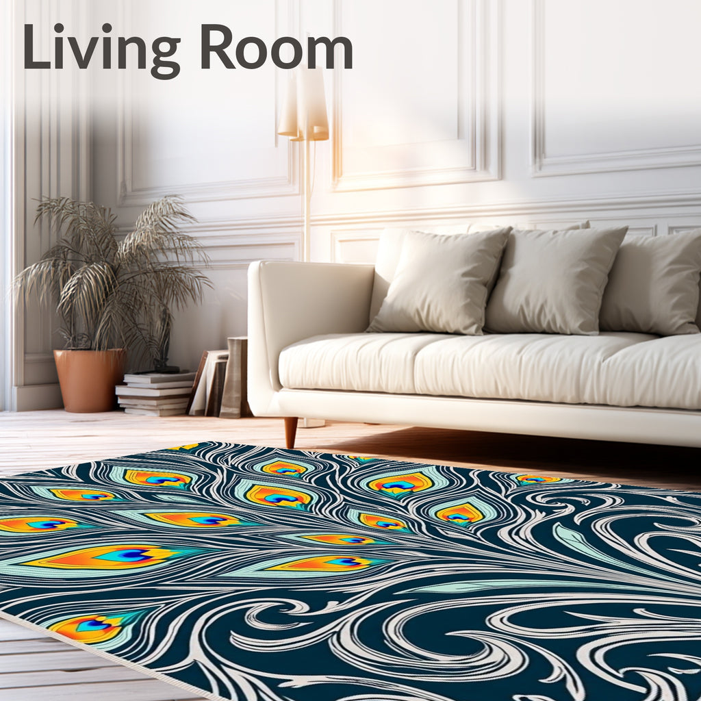 Vivid Teal Orange Peacock Feather Flourish Rug