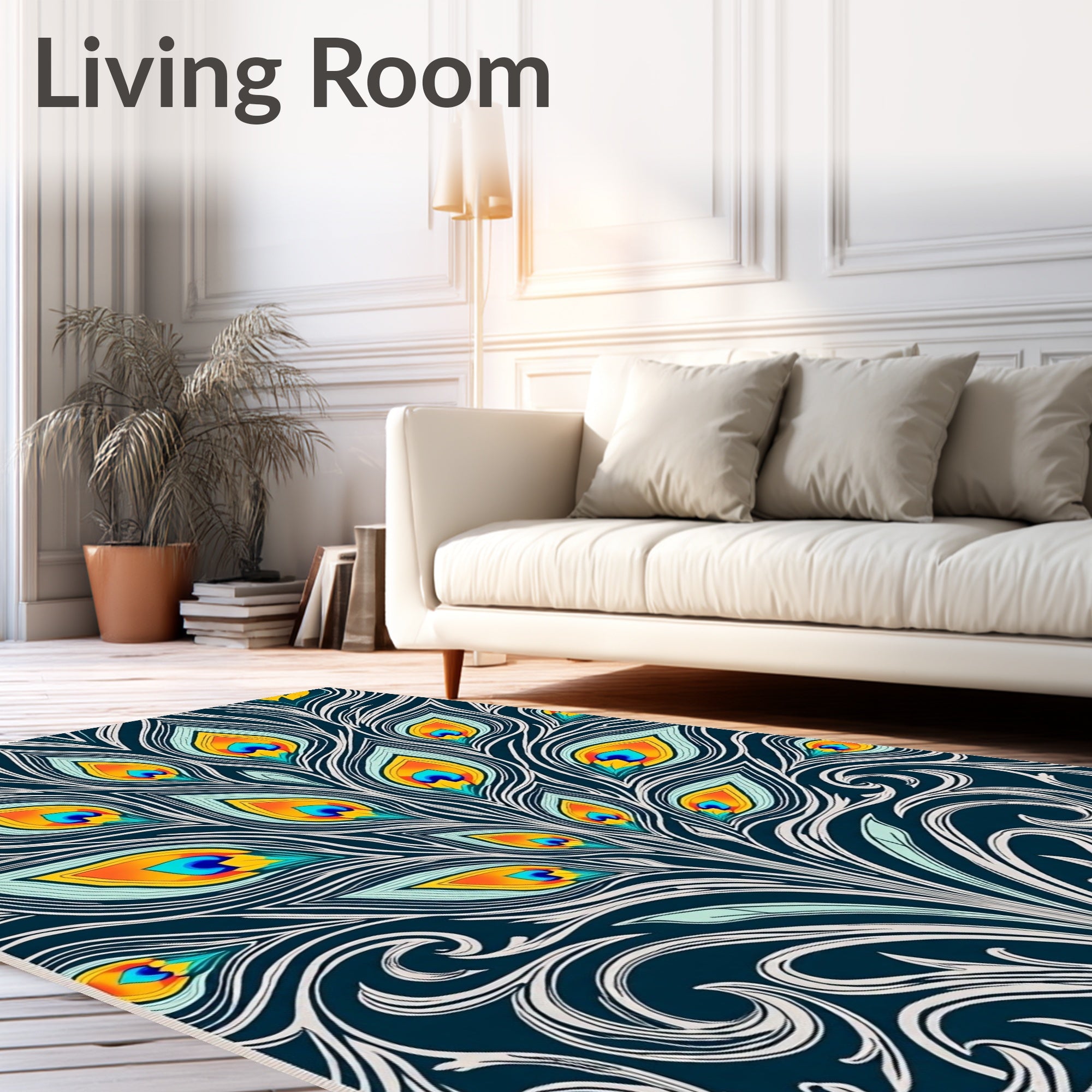 Vivid Teal Orange Peacock Feather Flourish Rug