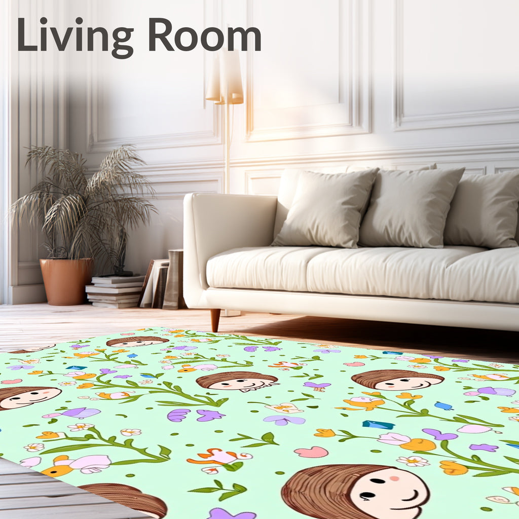 Cheerful Cartoon Faces and Flowers Rug