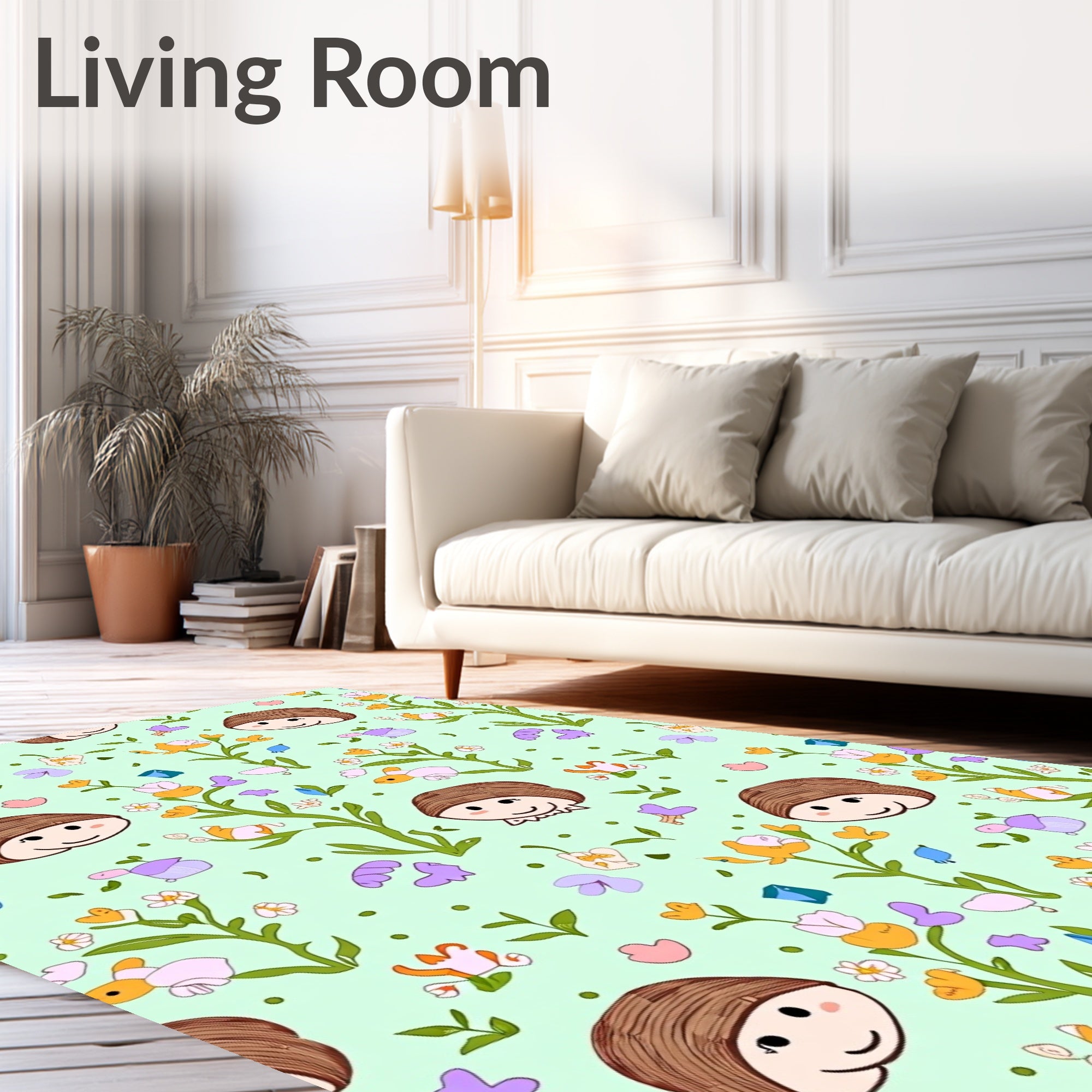 Cheerful Cartoon Faces and Flowers Rug