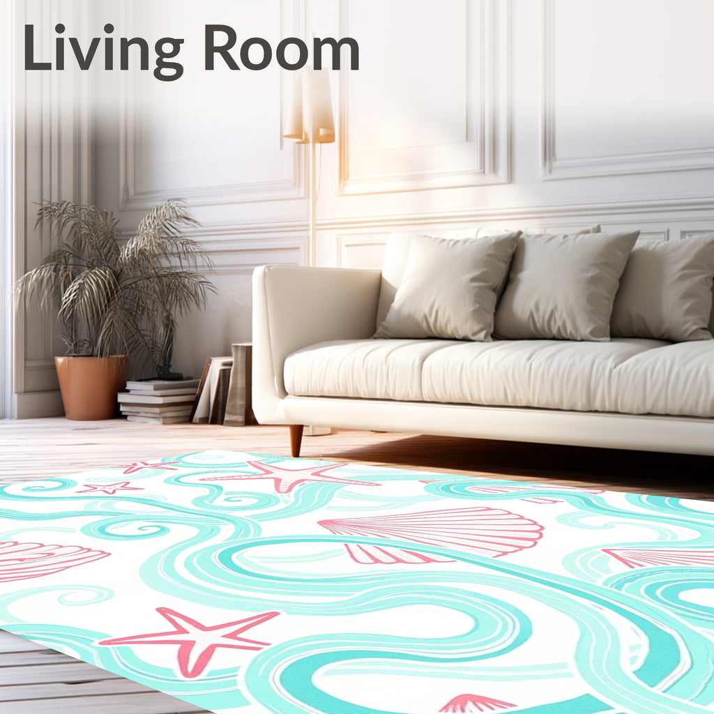 Coral Seashells and Aqua Waves Rug