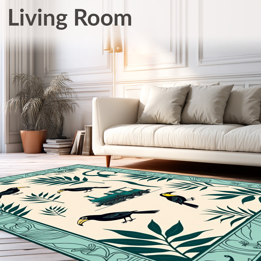 Teal Toucan And Train Jungle Scene Rug