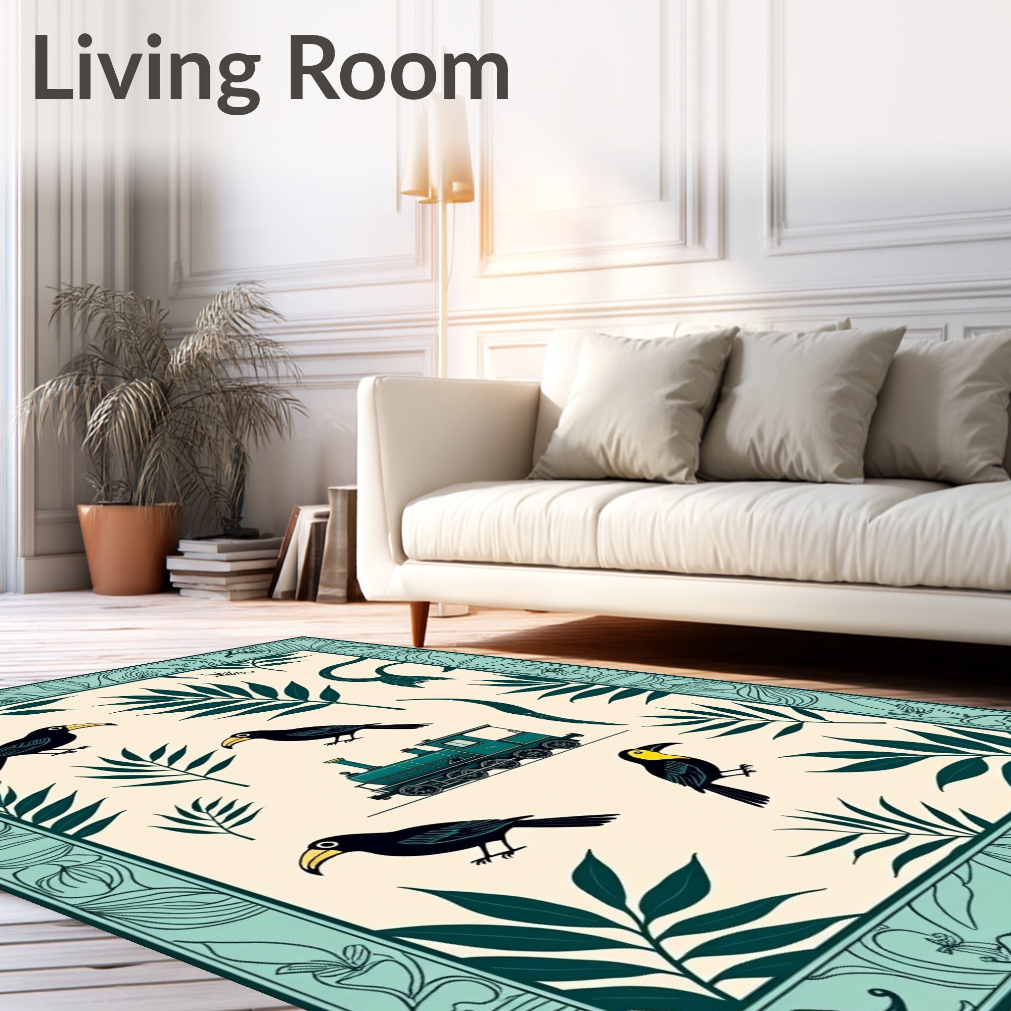Teal Toucan And Train Jungle Scene Rug