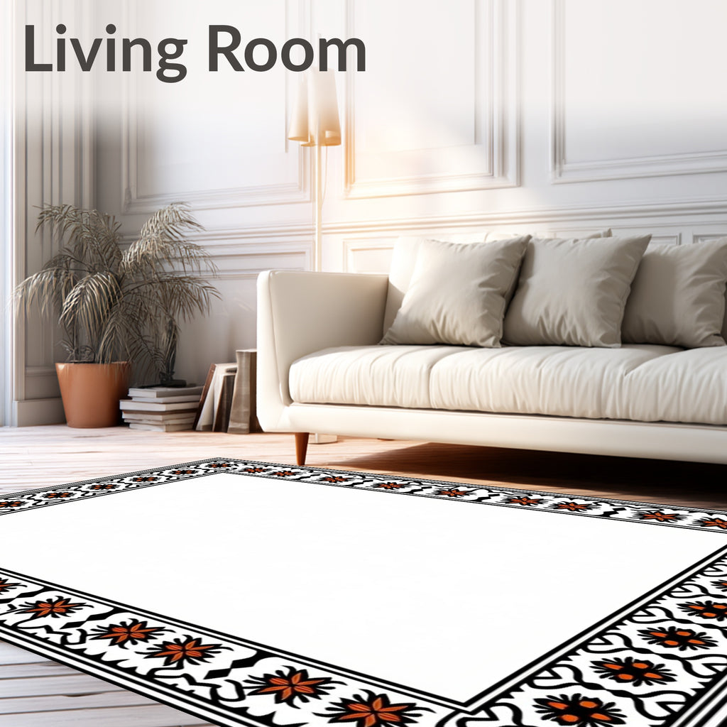 Orange Floral Black Outlined Border Rug