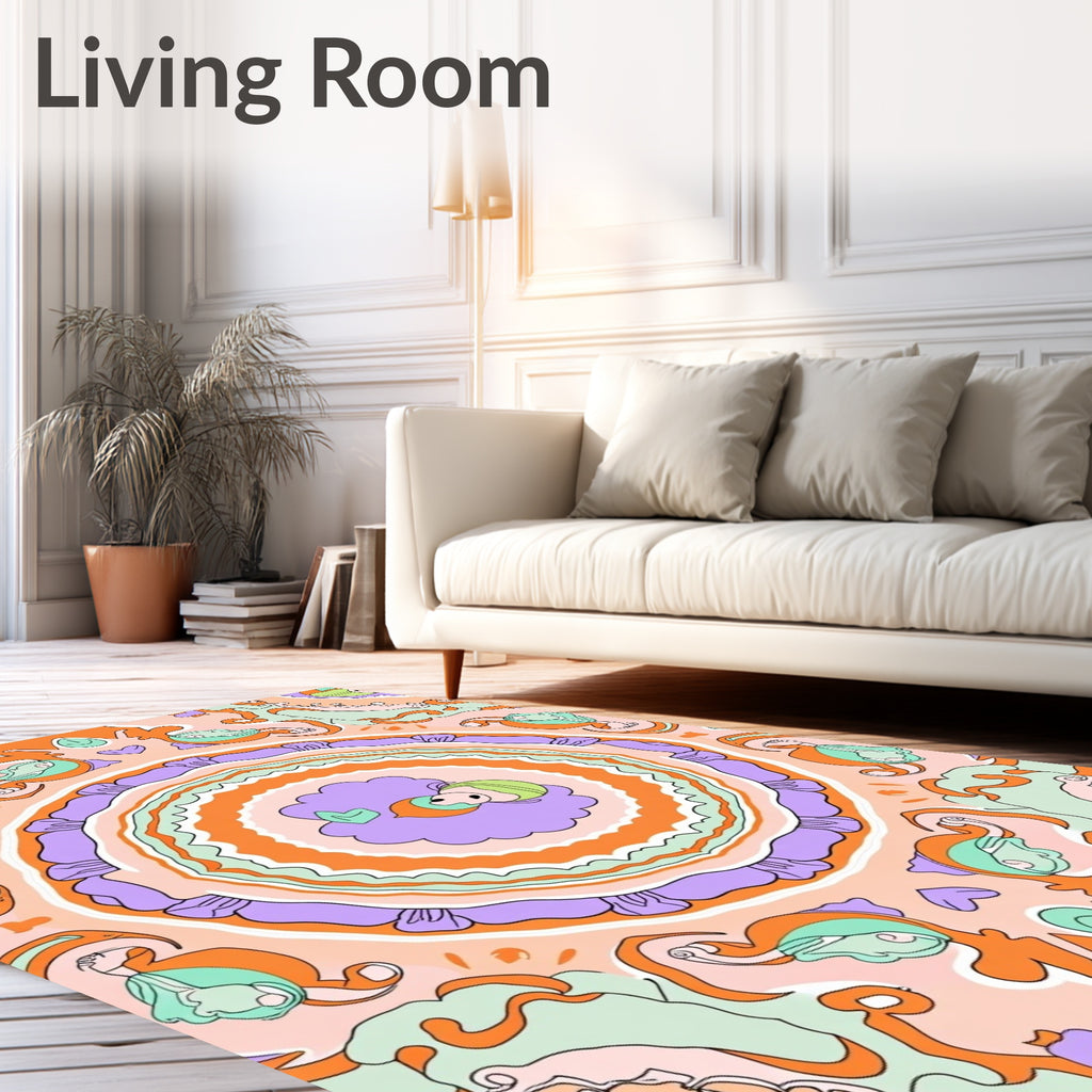 Whimsical Orange Lavender Swirl Medallion Rug