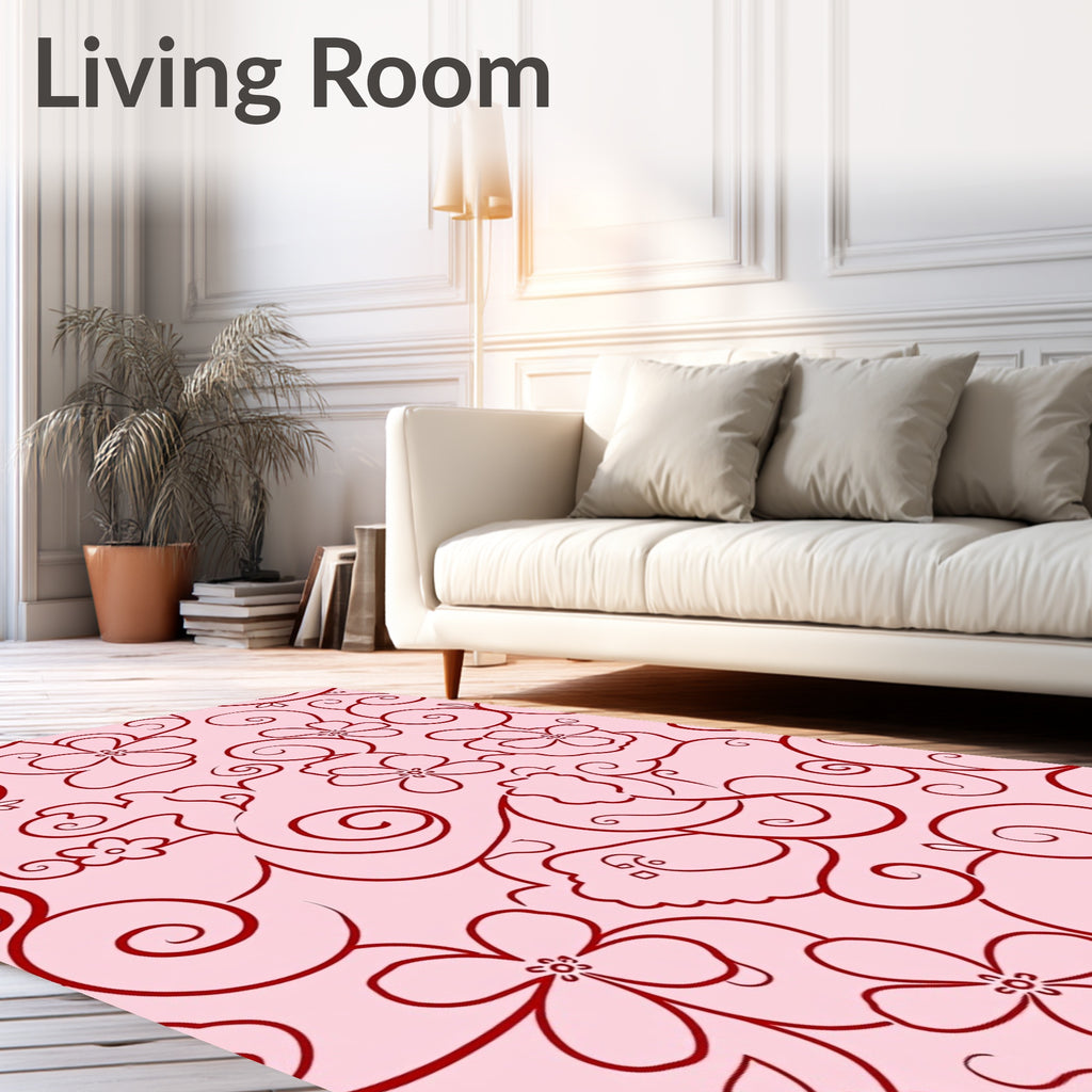 Crimson Floral Swirl Baby Pink Rug