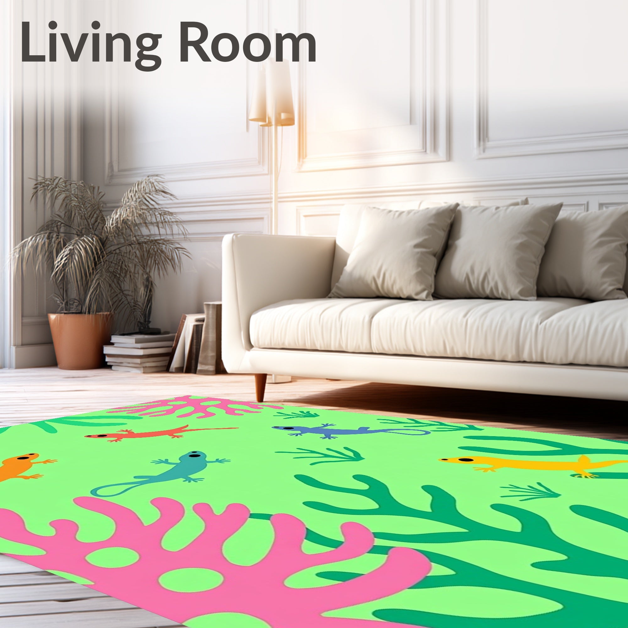 Playful colorful lizards green coral. Rug