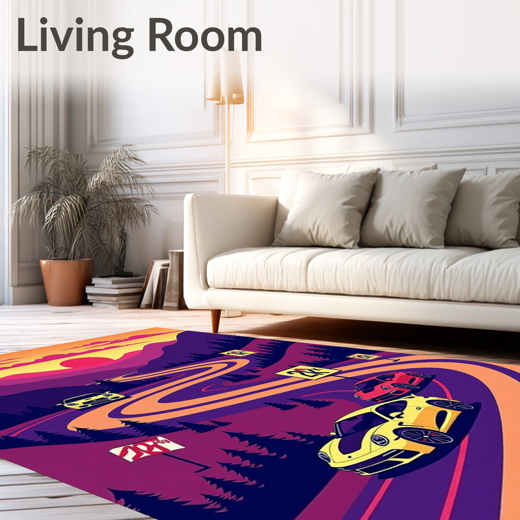 Road Trip Sunset Mountain Cars Rug