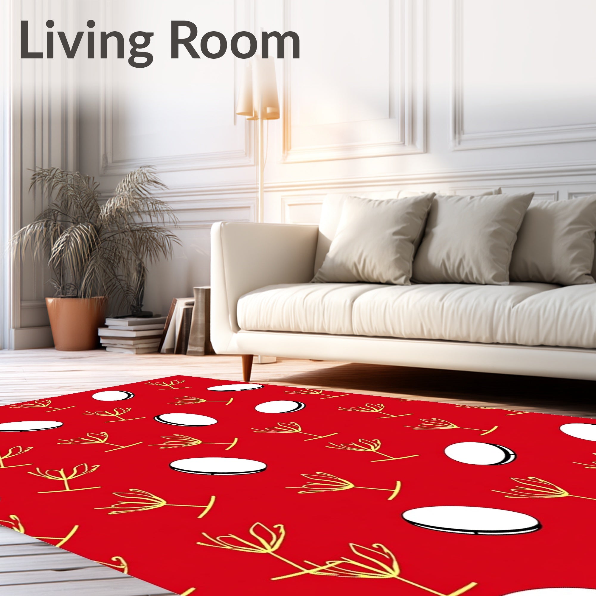 Crimson Yellow Outline Floral Circles Rug