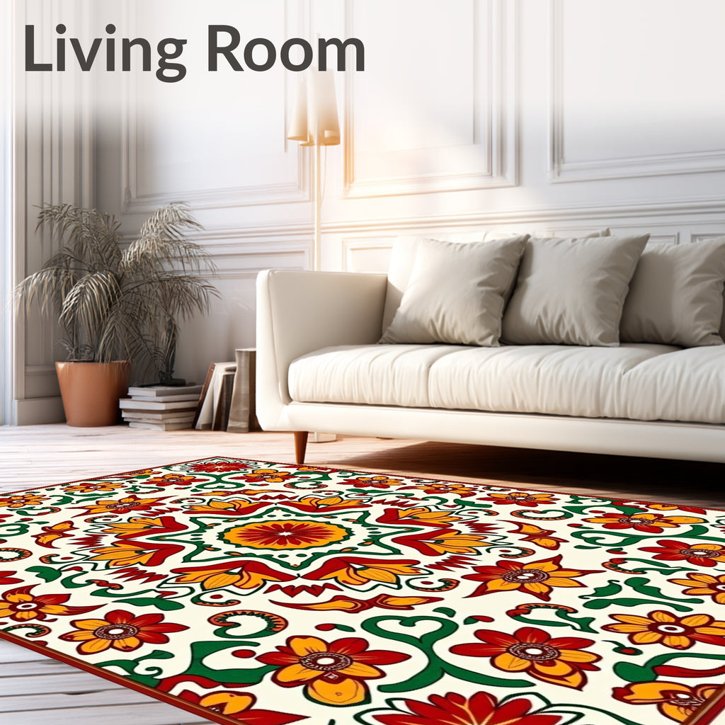 Vibrant Red Yellow Floral Medallion Rug