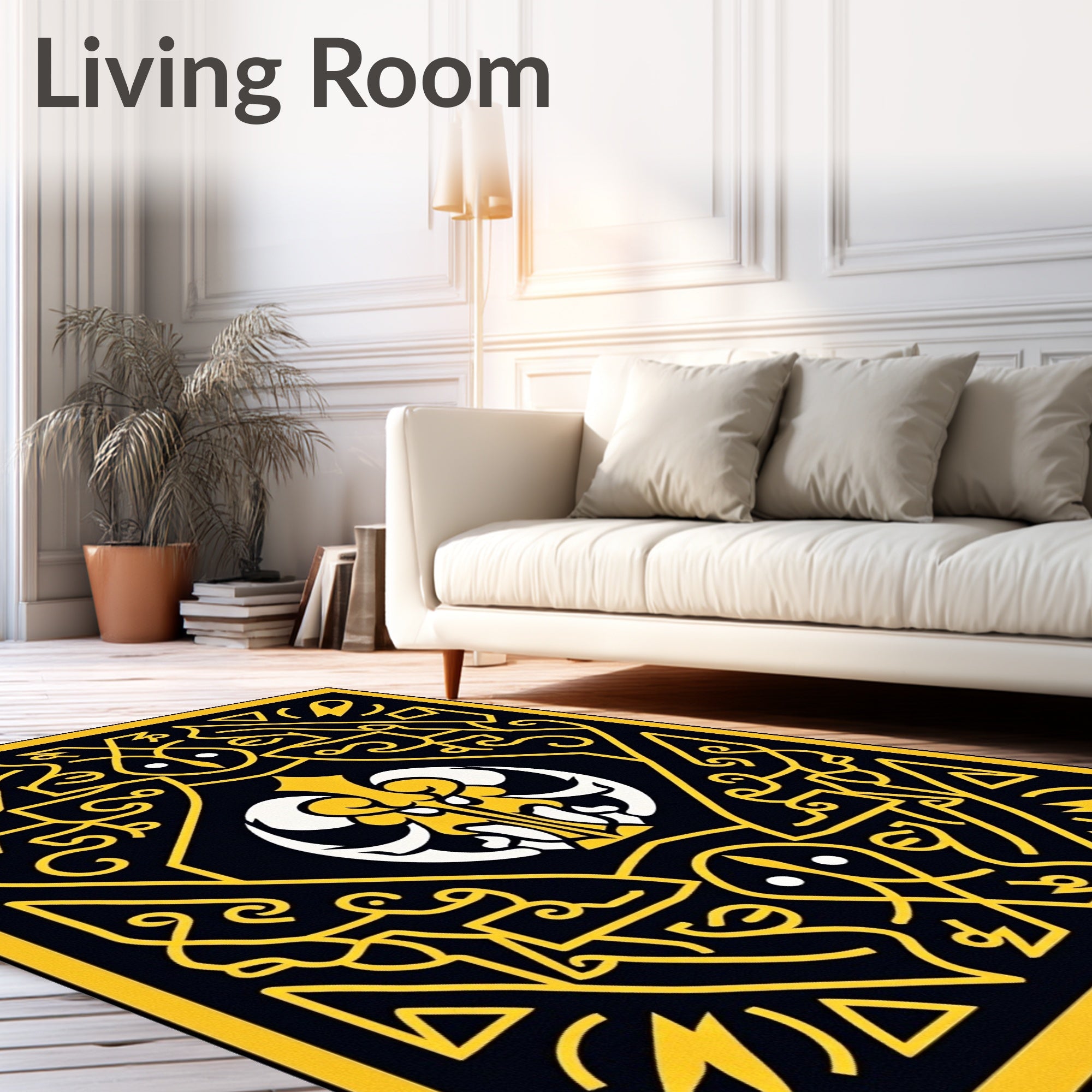 Ornate Yellow Black Symmetrical Ornament Rug