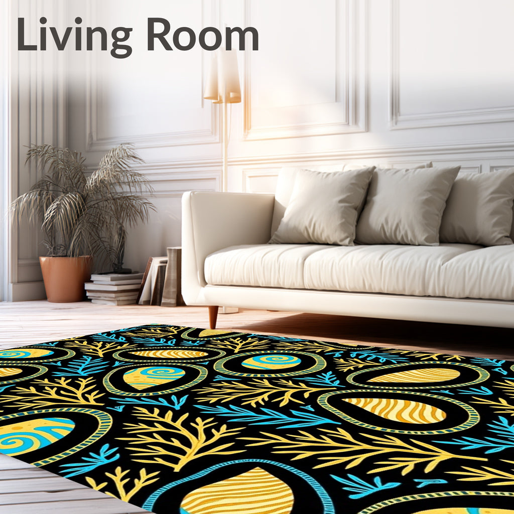 Black Yellow Blue Abstract Organic Oval Rug