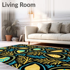 Black Yellow Blue Abstract Organic Oval Rug