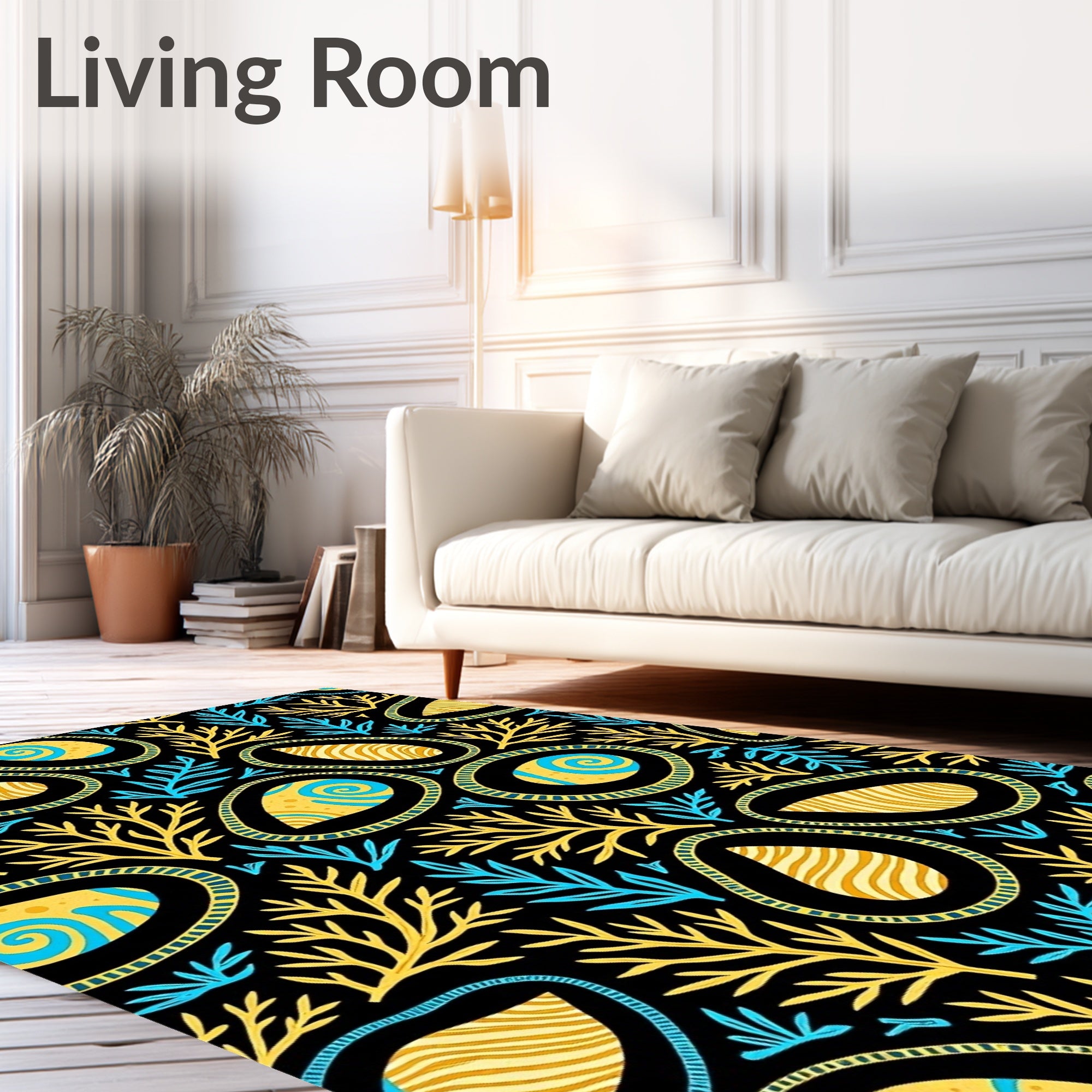 Black Yellow Blue Abstract Organic Oval Rug