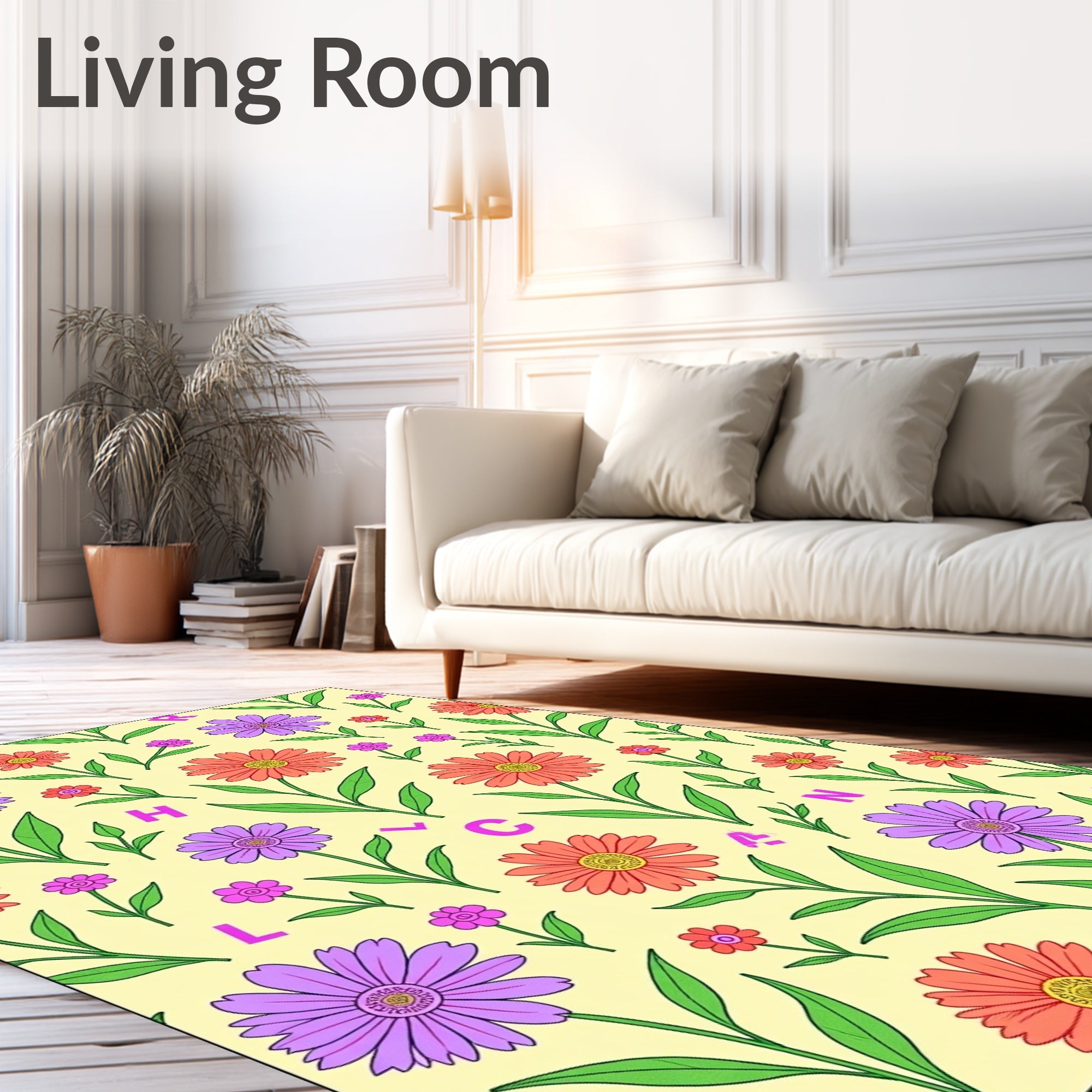 Playful Pink Purple Orange Floral Alphabet Rug