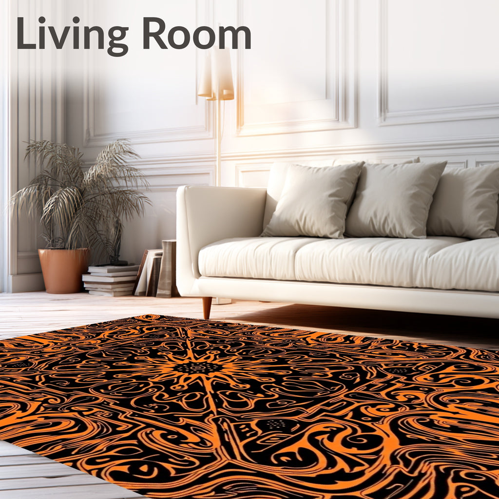 Vibrant Orange Black Abstract Mandala Rug