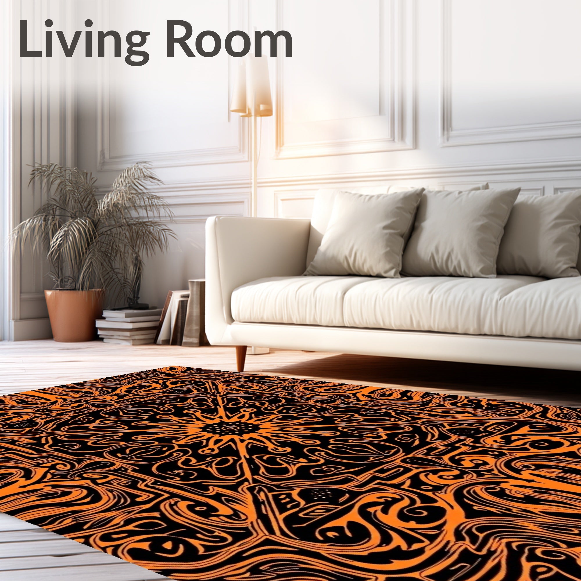 Vibrant Orange Black Abstract Mandala Rug