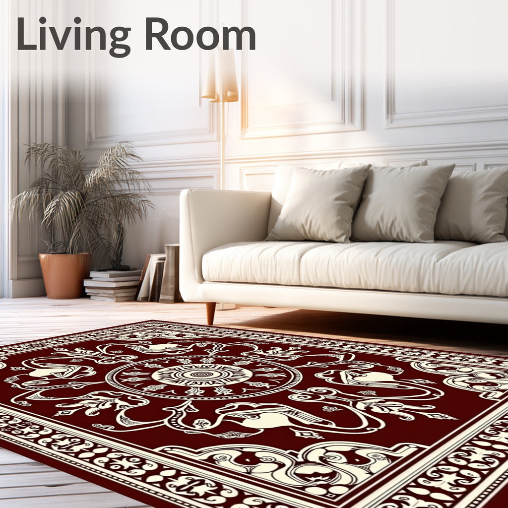 Deep Crimson Floral Sunburst Medallion Rug
