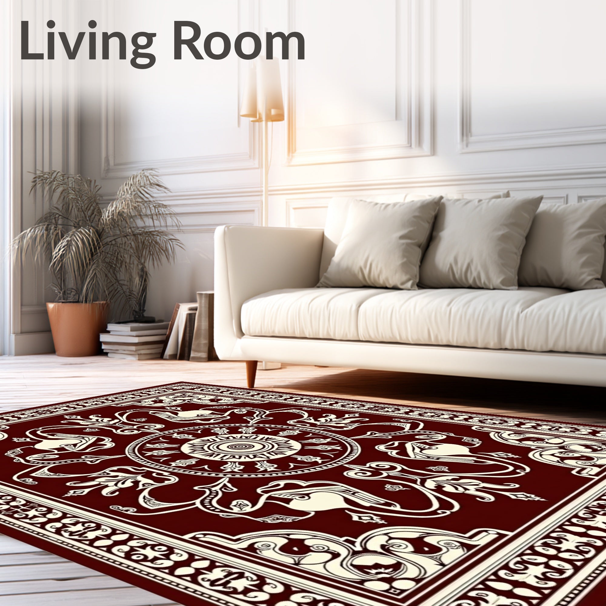 Deep Crimson Floral Sunburst Medallion Rug